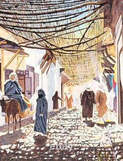 Tableau Orientalisme KASBAH Ruelle Animée Peinture huile sur panneau de bois