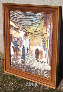 Tableau Orientalisme KASBAH Ruelle Animée Peinture huile sur panneau de bois