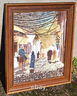 Tableau Orientalisme KASBAH Ruelle Animée Peinture huile sur panneau de bois