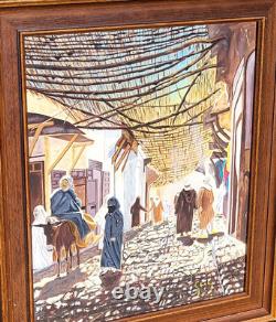Tableau Orientalisme KASBAH Ruelle Animée Peinture huile sur panneau de bois