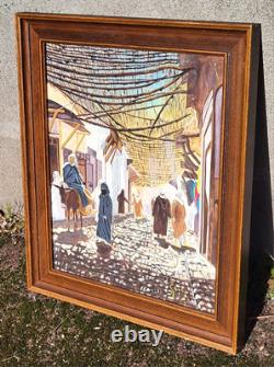 Tableau Orientalisme KASBAH Ruelle Animée Peinture huile sur panneau de bois