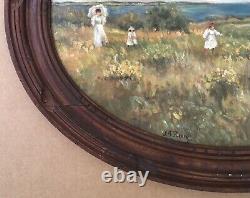Tableau Ovale Huile Paysage Impressionniste Femme Ombrelle Enfant Mer Fleury XXe