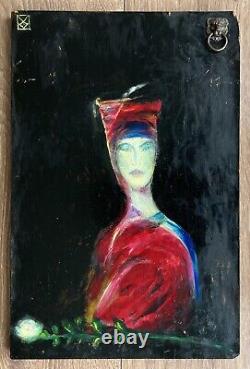 Tableau Panneau Huile Portrait Femme en Rouge Rose Blanche Dame rue du Bac Paris