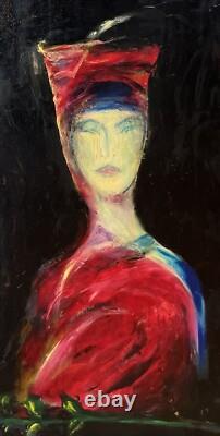 Tableau Panneau Huile Portrait Femme en Rouge Rose Blanche Dame rue du Bac Paris