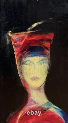 Tableau Panneau Huile Portrait Femme en Rouge Rose Blanche Dame rue du Bac Paris