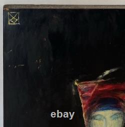 Tableau Panneau Huile Portrait Femme en Rouge Rose Blanche Dame rue du Bac Paris