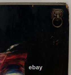 Tableau Panneau Huile Portrait Femme en Rouge Rose Blanche Dame rue du Bac Paris