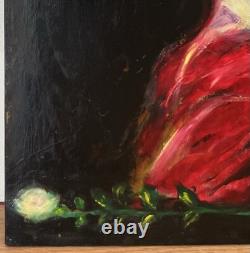 Tableau Panneau Huile Portrait Femme en Rouge Rose Blanche Dame rue du Bac Paris