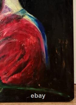 Tableau Panneau Huile Portrait Femme en Rouge Rose Blanche Dame rue du Bac Paris