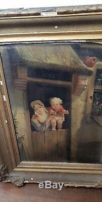 Tableau Peinture 18è XVIII / 19ème XIX laitière et son enfant huile sur bois