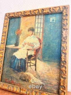 Tableau Peinture Huile Paul Flaubert 1928-1994 Scene Intérieur Tricoteuse