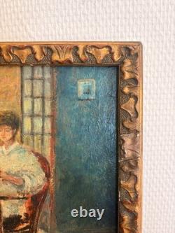 Tableau Peinture Huile Paul Flaubert 1928-1994 Scene Intérieur Tricoteuse