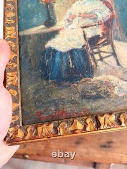 Tableau Peinture Huile Paul Flaubert 1928-1994 Scene Intérieur Tricoteuse
