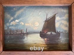 Tableau Peinture Huile sur Bois Marine. Pêche. Voilier. Barque. Nuit Lune 1900