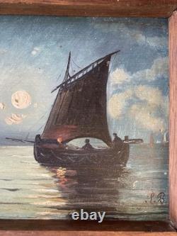 Tableau Peinture Huile sur Bois Marine. Pêche. Voilier. Barque. Nuit Lune 1900