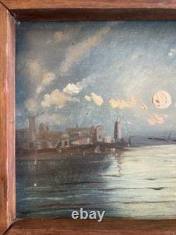 Tableau Peinture Huile sur Bois Marine. Pêche. Voilier. Barque. Nuit Lune 1900