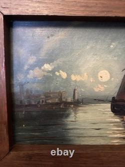 Tableau Peinture Huile sur Bois Marine. Pêche. Voilier. Barque. Nuit Lune 1900