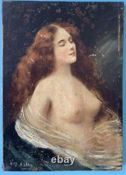 Tableau Peinture à l'huile sur Bois Portrait Nu Féminin Drapés Signé XIXe