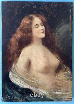 Tableau Peinture à l'huile sur Bois Portrait Nu Féminin Drapés Signé XIXe