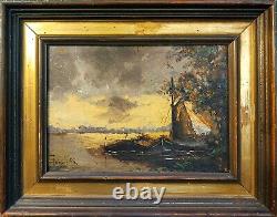 Tableau Peinture à l'huile sur Bois paysage barque couché de soleil XIX