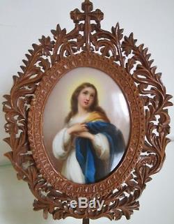 Tableau Peinture miniature sur Porcelaine Vierge XIXe cadre bois sculpté
