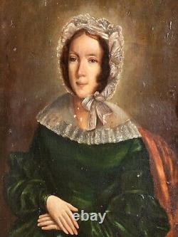 Tableau Portrait Femme Noble signé. Peinture huile sur panneau de bois