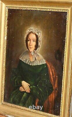 Tableau Portrait Femme Noble signé. Peinture huile sur panneau de bois