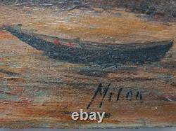 Tableau Sur Panneau Bois Paysage Marin/bateau/pêche/moulin-peinture Huile Signee