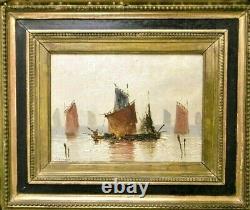 Tableau XIXème Peinture/huile/panneau Marine signée C. Kusner, superbe cadre