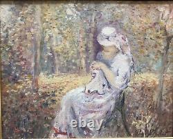 Tableau XXe de Paul Flaubert Femme cousant dans un jardin