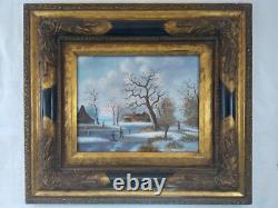 Tableau à Huile sur Panneau Bois Village Enneigé Double Cadre à Coins Bouchés