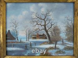 Tableau à Huile sur Panneau Bois Village Enneigé Double Cadre à Coins Bouchés