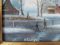 Tableau à Huile sur Panneau Bois Village Enneigé Double Cadre à Coins Bouchés