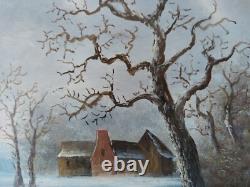 Tableau à Huile sur Panneau Bois Village Enneigé Double Cadre à Coins Bouchés