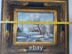 Tableau à Huile sur Panneau Bois Village Enneigé Double Cadre à Coins Bouchés