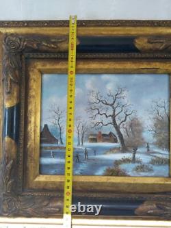 Tableau à Huile sur Panneau Bois Village Enneigé Double Cadre à Coins Bouchés