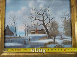 Tableau à Huile sur Panneau Bois Village Enneigé Double Cadre à Coins Bouchés
