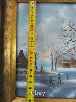 Tableau à Huile sur Panneau Bois Village Enneigé Double Cadre à Coins Bouchés