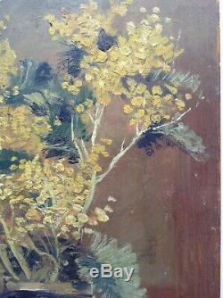 Tableau ancien Bouquet de Mimosas Huile sur bois