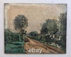 Tableau ancien, Chemin dans la campagne, Huile sur panneau, Peinture, XIXe