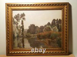 Tableau ancien Edouard A. RAGU peinture paysage campagne lac étang bord rivière