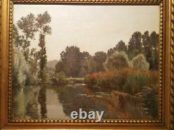 Tableau ancien Edouard A. RAGU peinture paysage campagne lac étang bord rivière