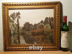 Tableau ancien Edouard A. RAGU peinture paysage campagne lac étang bord rivière