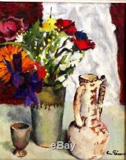 Tableau ancien Emile Gérard vase de fleurs