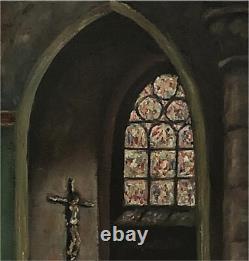 Tableau ancien HSP Intérieur Eglise école Française début XXe siècle