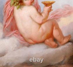 Tableau ancien Henri Joseph Dillens enfant ange cupidon amour saison automne vin