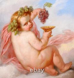 Tableau ancien Henri Joseph Dillens enfant ange cupidon amour saison automne vin