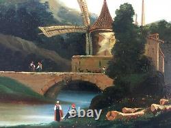 Tableau ancien, Huile sur panneau, Paysage lacustre animé, Moulin, XIXe