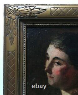 Tableau ancien, Huile sur panneau, Portrait de femme, Encadré, XIXe