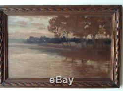 Tableau ancien Impressionniste Paysage Bord d'un Lac Huile signée Harvey c1908